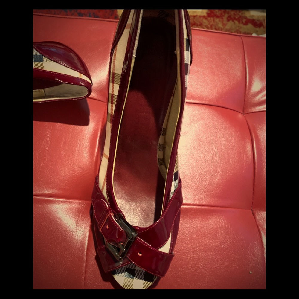 Burberry ox blood red peep toes nova check heels